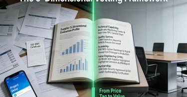 A split-image contrasting a chaotic desk with disparate quotes and delays (left) against a structured meeting table with an open “5-Dimensional Supplier Vetting Dossier” covering technical capability, quality systems, scalability, DFM, and partnership criteria (right), visualized by a green arrow shifting the focus from unit price to total value.