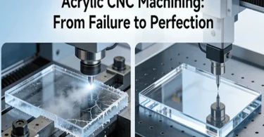 A side-by-side comparison of poor vs. high-quality Acrylic CNC Machining, showing hazing, chipping vs. perfect clarity and smooth edges.